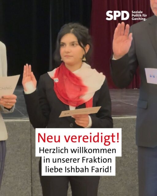 Schon eine Woche vergangen! 
Die konstituierende Sitzung des Garchinger Stadtrats hat am 12.5.26 stattgefunden! 🏛️✨ Ein wichtiger Tag für unsere Demokratie und den Start in eine neue Legislaturperiode.
Der Erster Bürgermeister Thomas Lemke und die neue Stadträt:innen wurden vereidigt und wichtige Weichen für die Zukunft gestellt.

Ganz besonders freuen wir uns über Ishbah Farid, die als junge SPD Stadträtin unsere Fraktionsarbeit und den Stadtrat bereichern wird.

Ein besonderer Dank gilt allen, die diesen Abend möglich gemacht haben. 

#SPDGarching #Garching #Stadtrat #ZukunftGestalten #GemeinsamStark