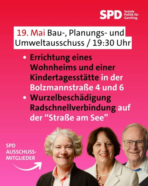 📢 Kommt zu den öffentlichen Sitzungen in Garching! 🏛️
Diese Woche geht’s in der neuen Legislaturperiode los: Vier wichtige Sitzungen – und du bist eingeladen! Hier entscheidet sich, wie unsere Stadt sich entwickelt. Sei dabei, hör zu und schreib uns!

✅ Dienstag, 19.05. | 19:30 Uhr
*Sitzung des Bau-, Planungs- und Umweltausschusses* – Ratssaal
🔹 Wie entwickelt sich Garching? Was passiert in deiner Nachbarschaft?

✅ Mittwoch, 20.05. | 19:30 Uhr
*Sitzung des Haupt- und Finanzausschusses* – Ratssaal
💰 Wo fließen die Gelder? Was wird in Garching investiert?

✅ Donnerstag, 21.05. | 19:30 Uhr
*Sitzung des Stadtrates* – Ratssaal
🏙️ Die großen Themen: Was bewegt unsere Stadt jetzt im Mai?
Bürgerfragestunde am Anfang: Stell Dein aktuelles Thema. Es darf nur nicht auf der Tagesordnung stehen.

✅ Freitag, 22.05. | 09:30 Uhr
*Konstituierende Sitzung des Zweckverbandes Staatliches Gymnasium Garching* im Werner-Heisenberg-Gymnasium
🎓 Bildung ist Zukunft – sei dabei!

💡 *Warum zuhören?*
Weil Demokratie lebt, wenn Bürger:innen dabei sind! Hier kannst du direkt erleben, wie Politik in Garching funktioniert – und deine Meinung einbringen.
👉 Einfach vorbeikommen! Alle Sitzungen sind öffentlich.
📍 Ort: Ratssaal (außer Fr. im WHG)
📍 Die Tagesordnungen zu den Sitzungen findest Du hier: https://www.garching.de/infosystem/si010

#Garching #Mitmachen #SPDGarching #DemokratieLeben 

*Fragen?* Schreib uns in die Kommentare oder per DM! 💬