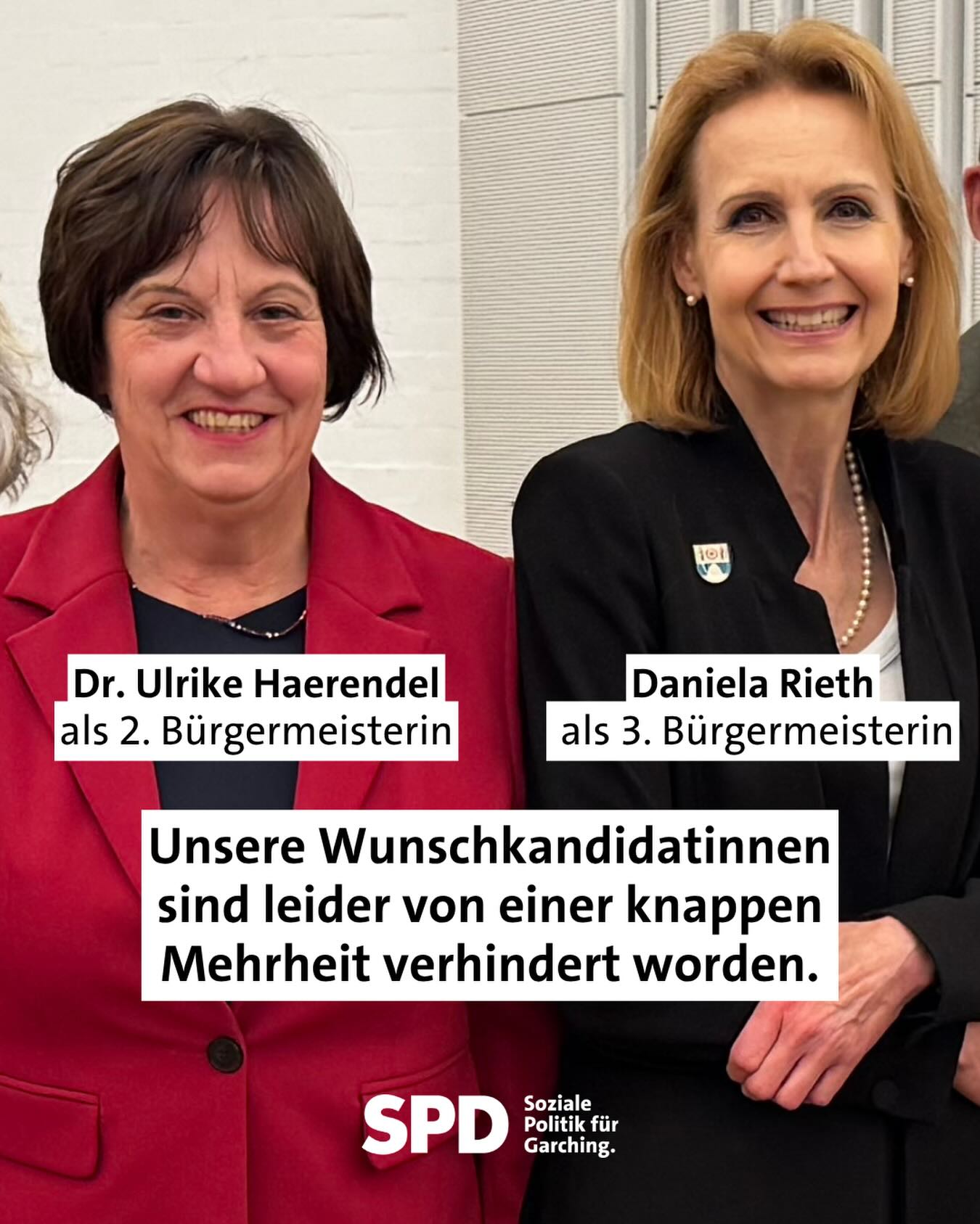 💪40 % Frauen im Stadtrat — doch in der Stadtspitze wird Garching künftig ausschließlich von Männern vertreten: als Erster, Zweiter und Dritter Bürgermeister.

Dabei übernehmen Frauen in unserer Stadt längst Verantwortung als Stadträtinnen: kompetent, engagiert und nah an den Menschen. SPD und Grüne haben deshalb die Stadträtinnen Dr. Ulrike Haerendel und Daniela Rieth für das Amt der Zweiten und Dritten Bürgermeisterin vorgeschlagen. Es ging bei der Kandidatur um Verantwortung, um unterschiedliche Perspektiven und um eine moderne Repräsentation unserer Stadt.
Unsere Kandidatin @ulrike_haerendel stand für starke Vereinsunterstützung, mehr Beteiligung, eine lebendige Ortsmitte, eine Politik, die Menschen zusammenbringt und nicht zuletzt die Universitätsstadt.

Gerade für Frauen wäre Ulrike Haerendel als Bürgermeisterin ein wichtiges Zeichen für Sichtbarkeit und gleichberechtigte Teilhabe gewesen. 

Stärkeres Gewicht hätten auch die beiden zweitstärksten Fraktionen – SPD und Grüne – bekommen, die weit mehr Wählerinnen und Wähler repräsentieren als die Unabhängige Garchinger und FDP, die als kleinste Gruppierungen im Stadtrat nun die beiden Bürgermeister-Stellvertreter stellen. Letztlich ist es eine verpasste Chance für Garching.
Wir wünschen den gewählten Bürgermeistervertretern, Christian Nolte und Bastian Dombret, viel Erfolg für ihre neue Aufgabe!

Wir als @spd_garching werden uns weiterhin dafür einsetzen, dass Frauen in unserer Stadt sichtbar Verantwortung übernehmen und politische Entscheidungen mitgestalten.

👉Für die ganze Stadtgesellschaft. 
👉Für mehr Vielfalt. 
👉Für ein modernes Garching.