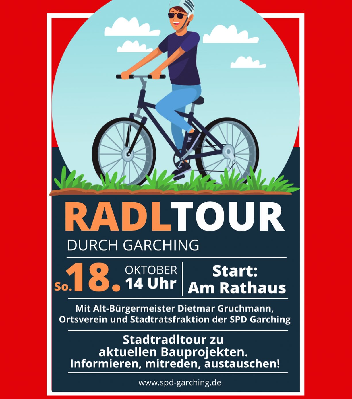 🚲 Garching gemeinsam erfahren – auf geht’s zur SPD-Radltour! ❤️

Wie entwickelt sich unsere Stadt? Wo tut sich etwas bei Radwegen, Verkehr und neuen Wohngebieten? Und was bewegt euch in Garching?

Am Sonntag, 18. Oktober, um 14 Uhr laden wir euch herzlich zu unserer traditionellen Radltour ein! Wir wollen Garching gemeinsam erkunden, spannende Einblicke in die Stadtentwicklung gewinnen und miteinander ins Gespräch kommen.

📍 Treffpunkt: am Rathaus in Garching

Ob allein, mit Freunden oder mit der ganzen Familie – schwingt euch aufs Rad und radelt mit! Wir freuen uns auf euch, eure Fragen und einen schönen gemeinsamen Nachmittag. ❤️

👉 Seid dabei und sagt es weiter!

#SPDGarching #Garching #Radltour #kommunal #lieblingsort